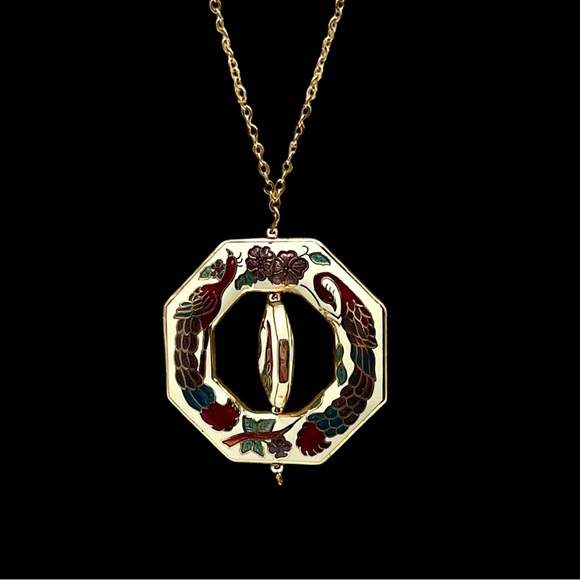 Stunning Vintage 14KT GF Peacock and Floral Cloisonné Spinning Pendant Necklace - Picture 5 of 11